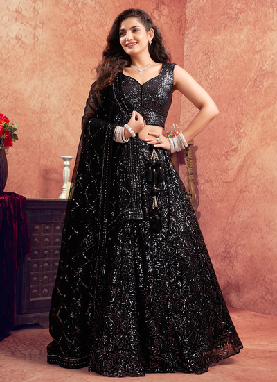 Heavy Sequins Work Premium Net Party Wear Lehenga Choli In Black