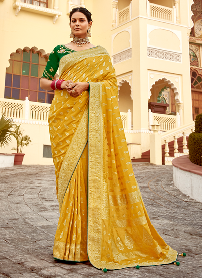 Haldi Wear Yellow Dola Silk Weaving Saree With Heavy Embroidery Green Blouse