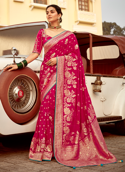 Dola Silk Hot Pink Weaving Saree With Heavy Embroidery Blouse For Wedding