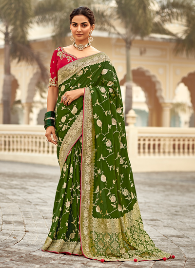 Designer Mehendi Green Zari Woven Dola Silk Saree With Contrast Heavy Embroidery Blouse