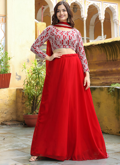 Wedding Wear Red Georgette Sequins Thread Embroidery Lehenga Choli