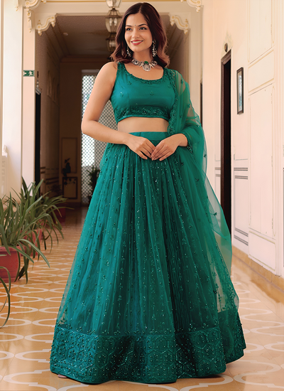 Soft Net Teal Sequins Thread Embroidery Pearl Work Lehenga Choli for Mehendi