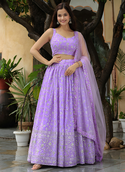 Lavender Georgette Sequins Zari Embroidery Festive Wear Lehenga Choli