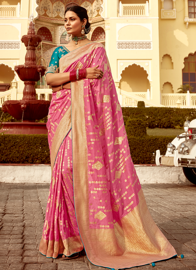 Zari Woven Pink Dola Silk Reception Wear Saree With Heavy Embroidery Blouse