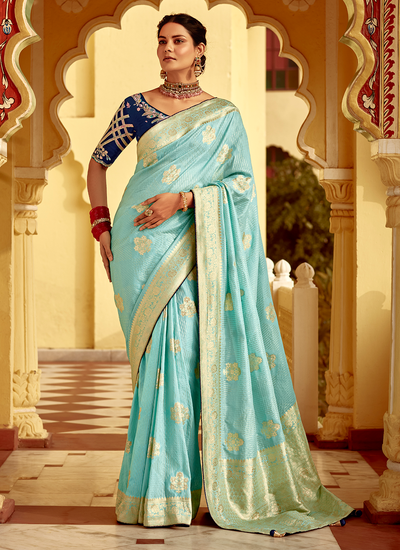 Designer Pale Turquoise Zari Weaving Dola Silk Saree With Heavy Embroidery Blouse