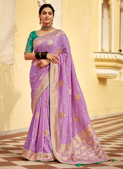 Traditional Zari Weaving Lilac Dola Silk Saree With Heavy Embroidery Blouse