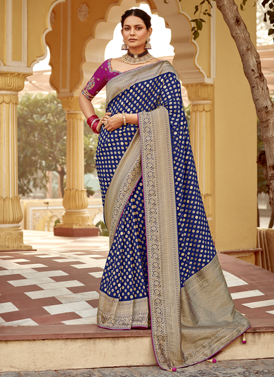 Blue Zari Weaving Dola Silk Wedding Wear Saree With Heavy Embroidery Blouse