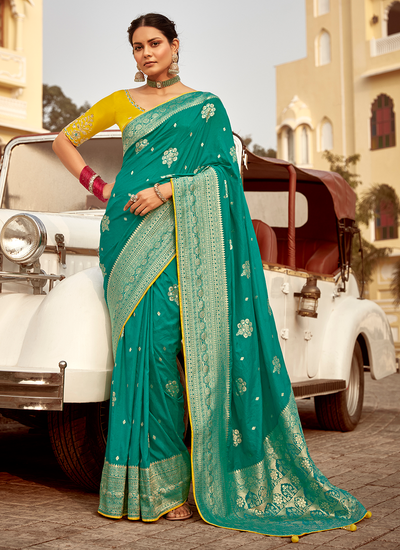 Dola Silk Turquoise Zari Woven Reception Wear Saree With Heavy Embroidery Blouse