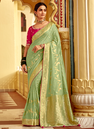 Wedding Wear Sea Green Dola Silk Zari Woven Saree With Heavy Embroidery Blouse