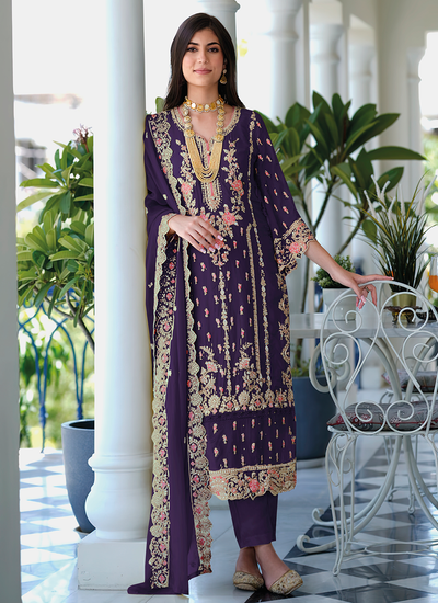 Organza Purple Multi Embroidered Readymade Pant Suit