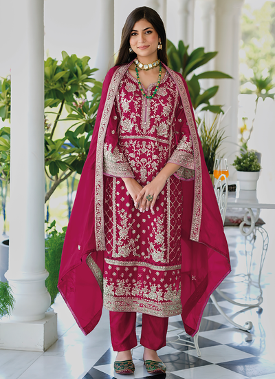 Multi Embroidered Rani Pink Organza Readymade Pant Suit