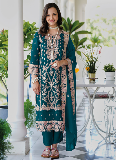 Teal Multi Embroidered Organza Readymade Pant Suit