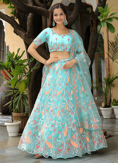 Engagement Wear Soft Net Sky Blue Sequins Embroidery Lehenga Choli