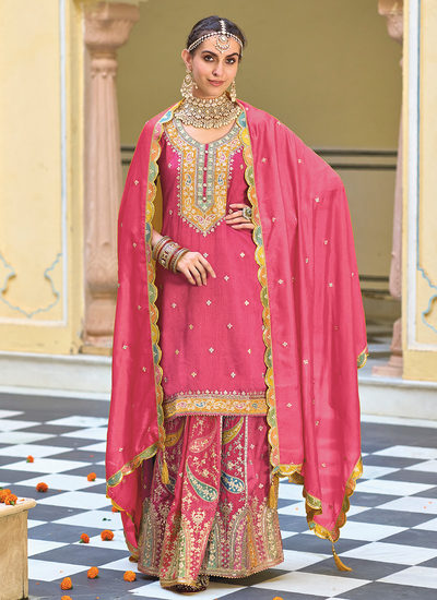 Chinon Dark Pink Sequins Embroidered Readymade Pakistani Sharara Suit