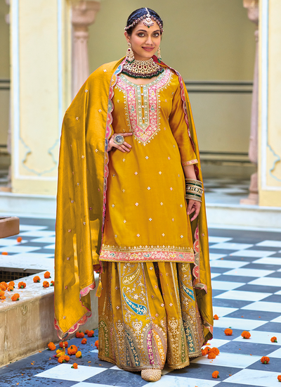 Sequins Embroidered Chinon Readymade Pakistani Sharara Suit In Mustard