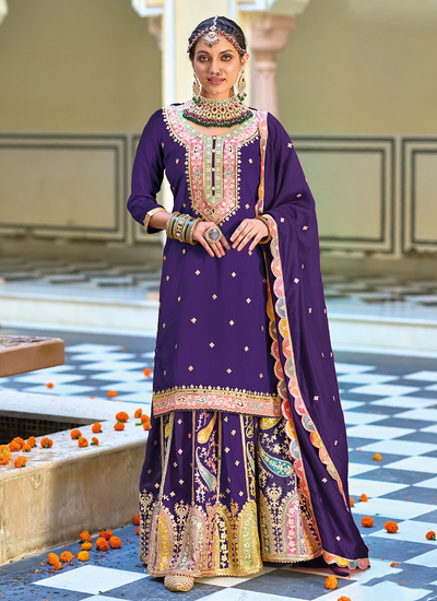 Sequins Embroidered Violet Chinon Readymade Pakistani Sharara Suit