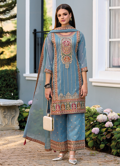 Sky Blue Shimmer Organza Sequins Embroidered Readymade Pakistani Palazzo Suit