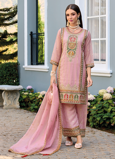 Shimmer Organza Sequins Embroidered Pink Readymade Pakistani Palazzo Suit