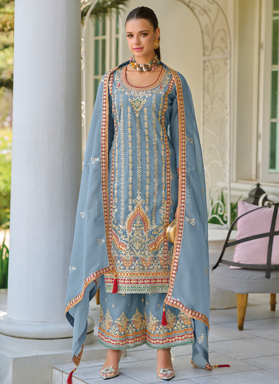 Shimmer Organza Baby Blue Sequins Embroidered Mirror And Stone Embellished Palazzo Suit