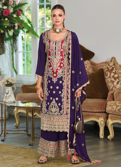 Purple Premium Silk Sequins Embroidered Festive Wear Readymade Palazzo Suit