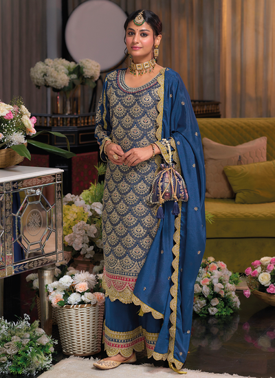 Chinon Festive Wear Blue Sequins Embroidered Readymade Palazzo Suit