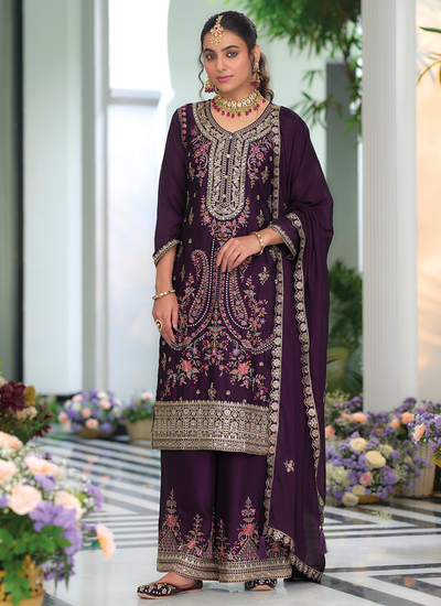 Chinon Deep Purple Sequins Embroidered With Mirror And Stone Embellishment Palazzo Suit