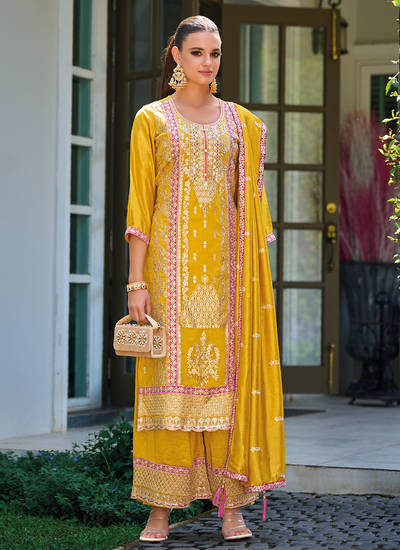 Yellow Sequins Embroidered Premimum Silk Readymade Pakistani Palazzo Suit