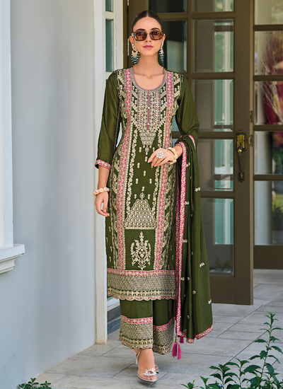 Sequins Embroidered Olive Green Premimum Silk Readymade Pakistani Palazzo Suit