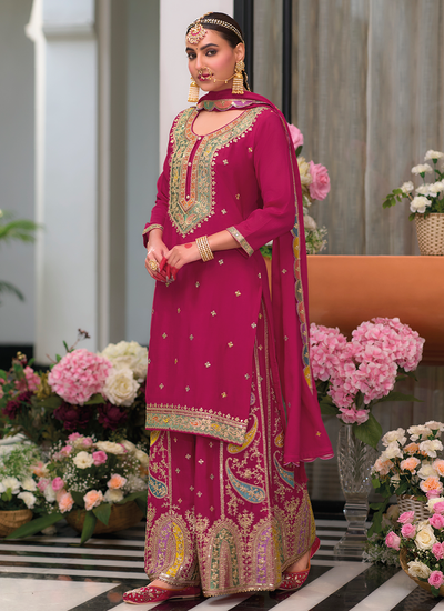 Festive Wear Sequins Embroidered Hot Pink Chinon Sharara Suit