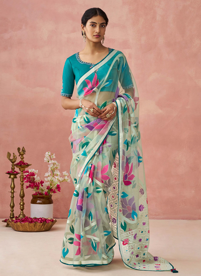 Cream Brasso Organza Printed Saree With Embroidered Blouse