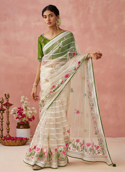 Brasso Organza Printed Off White Saree With Embroidered Blouse