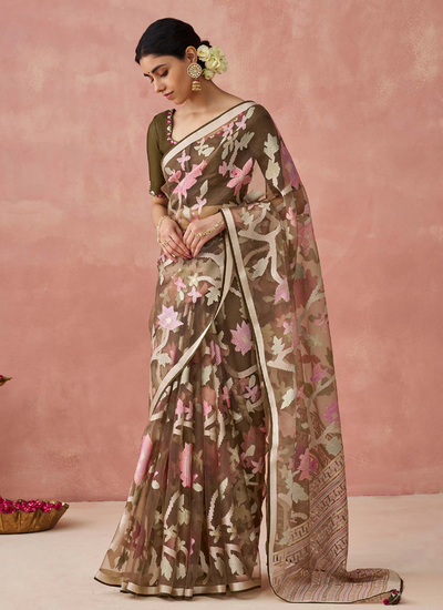 Brasso Organza Brown Printed Saree With Embroidered Blouse