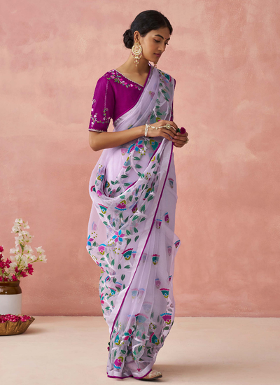 Printed Lavender Brasso Organza Saree With Embroidered Blouse