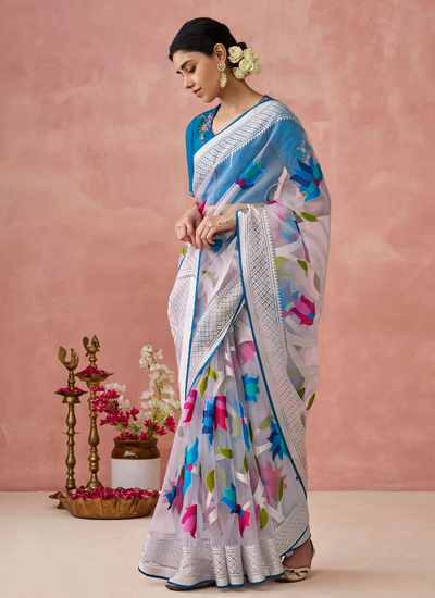 Printed Brasso Organza White Saree With Embroidered Blouse