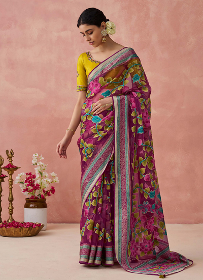 Burgundy Printed Brasso Organza Saree With Embroidered Blouse