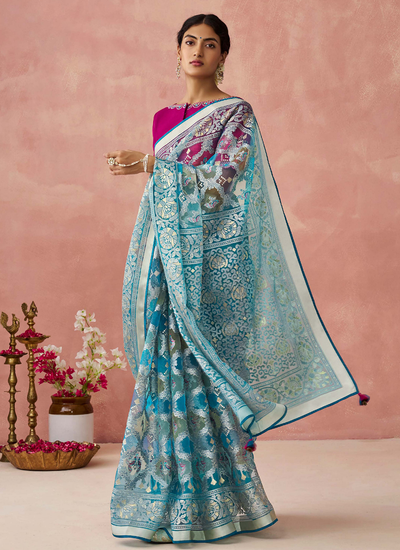 Sky Blue Printed Brasso Organza Saree With Embroidered Blouse