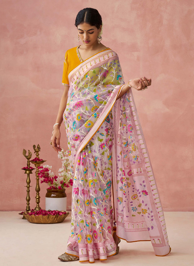 Printed Baby Pink Brasso Organza Saree With Embroidered Blouse