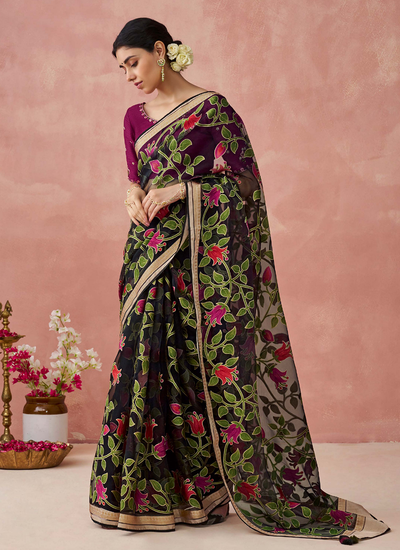 Black Printed Brasso Organza Saree With Embroidered Blouse