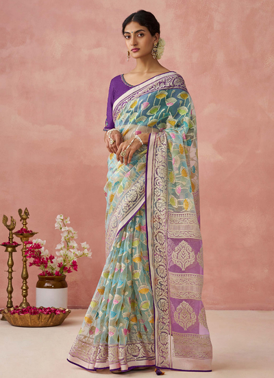 Sea Green Brasso Organza Printed Saree With Embroidered Blouse