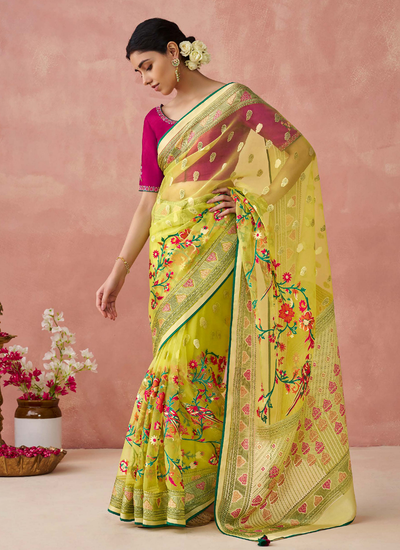 Brasso Organza Printed Yellow Saree With Embroidered Blouse