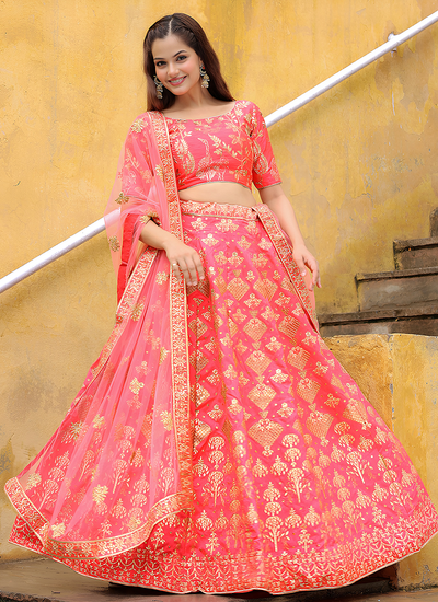 Festive Wear Peach Sequins Zari Embroidery Slub Silk Lehenga Choli