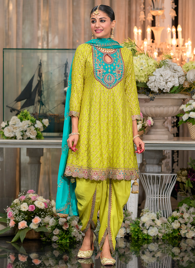 Readymade Yellow Chinon Sequins Multi Embroidered Dhoti Style Suit