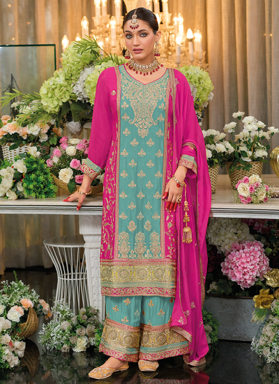 Pale Turquoise And Rani Chinon Sequins Embroidered And Stone Embellished Palazzo Suit