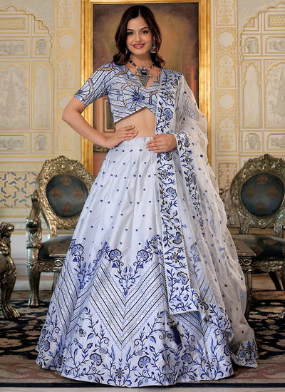 Festive Wear White Satin Sequins Thread Embroidery Lehenga Choli