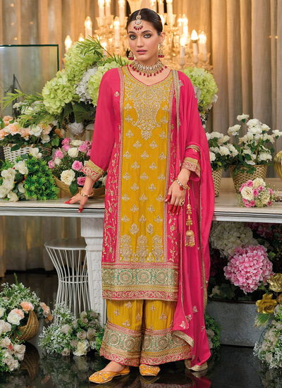 Chinon Yellow And Hot Pink Sequins Embroidered And Stone Embellished Palazzo Suit