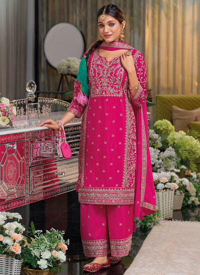 Hot Pink Readymade Chinon Festive Wear Sequins Embroidered Palazzo Suit