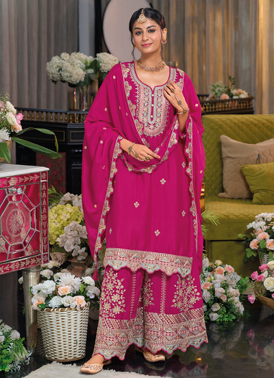 Readymade Hot Pink Festive Wear Sequins Embroidered Chinon Sharara Suit