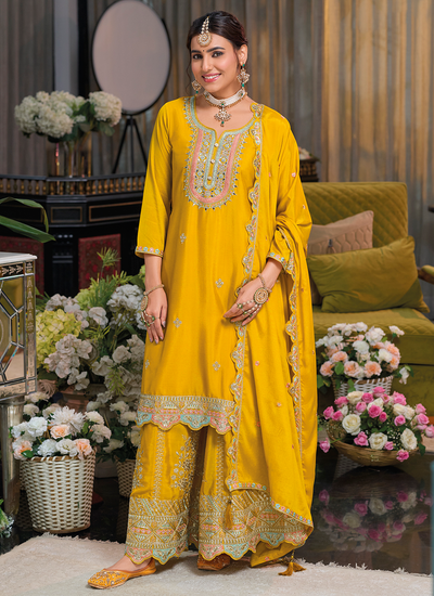 Readymade Festive Wear Sequins Embroidered Chinon Sharara Suit In Yellow