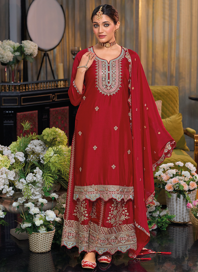 Red Sequins Embroidered Festive Wear Readymade Chinon Sharara Suit