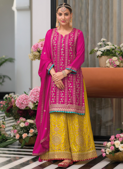 Rani Pink Readymade Festive Wear Chinon Sequins Embroidered Palazzo Suit